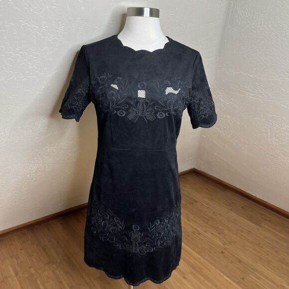Zara Mini Dress Womens Small Black Micro Suede Cutout Floral Embroidery - Picture 8 of 8
